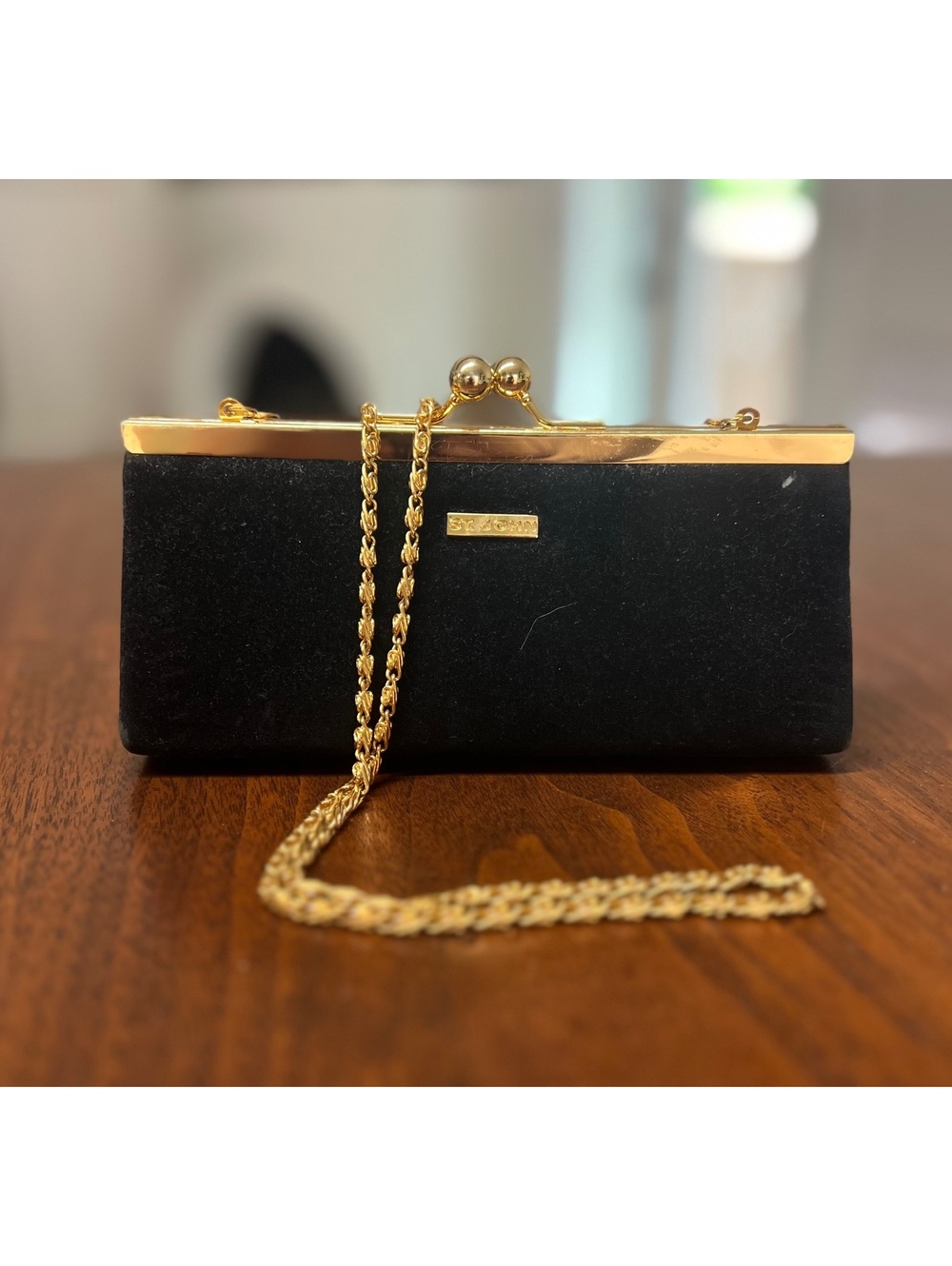 St. John Vintage Black Velvet Evening Clutch Gold Chain Bag